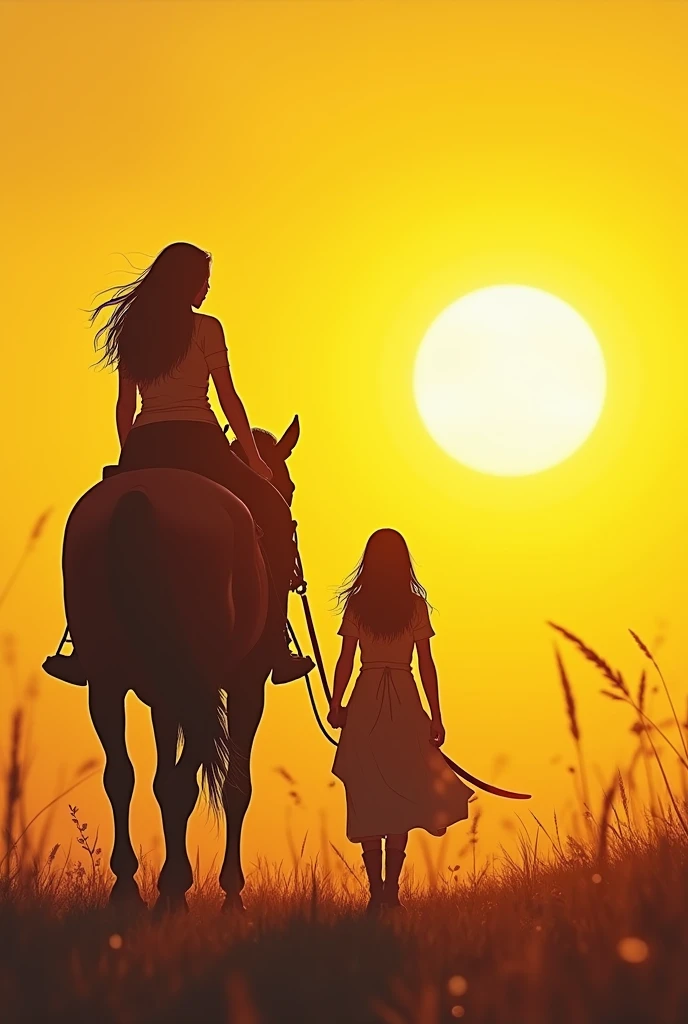 Anime, 2D drawing, warrior women walking behind a horse, bigger yellow sunset scene
