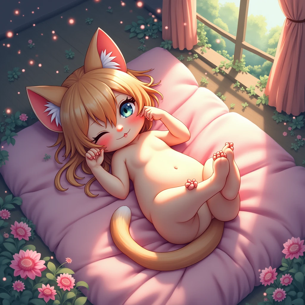 Cat_girl, She covered one eye with her own bangs、 (((Hide one eye with bangs)))、Sleep on your back, Shy smile, From above,, ((chestが平らな, Flat Stomach, Baby Face)), (Vibrant colors), chest,