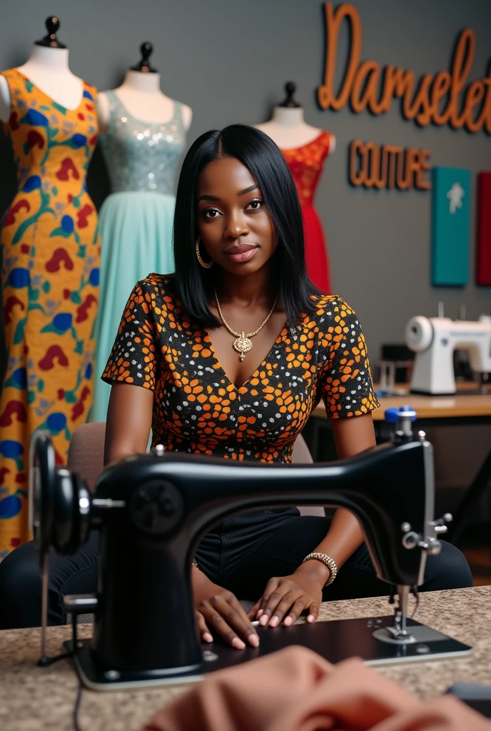 A captivating image of a beautiful dark-skinned African woman sitting and sewing on her sewing machine and looking at the camera. She is wearing a black and orange color Ankara top with black jeans and a pair of black Snickers. She is wearing a gold necklace and earrings. Her hair is a shoulder-length black hair. Images of children's ball gowns, and adult dresses are displayed on a dummy in her office. On a signboard in her office is written"Damselette Couture" correctly and boldly written