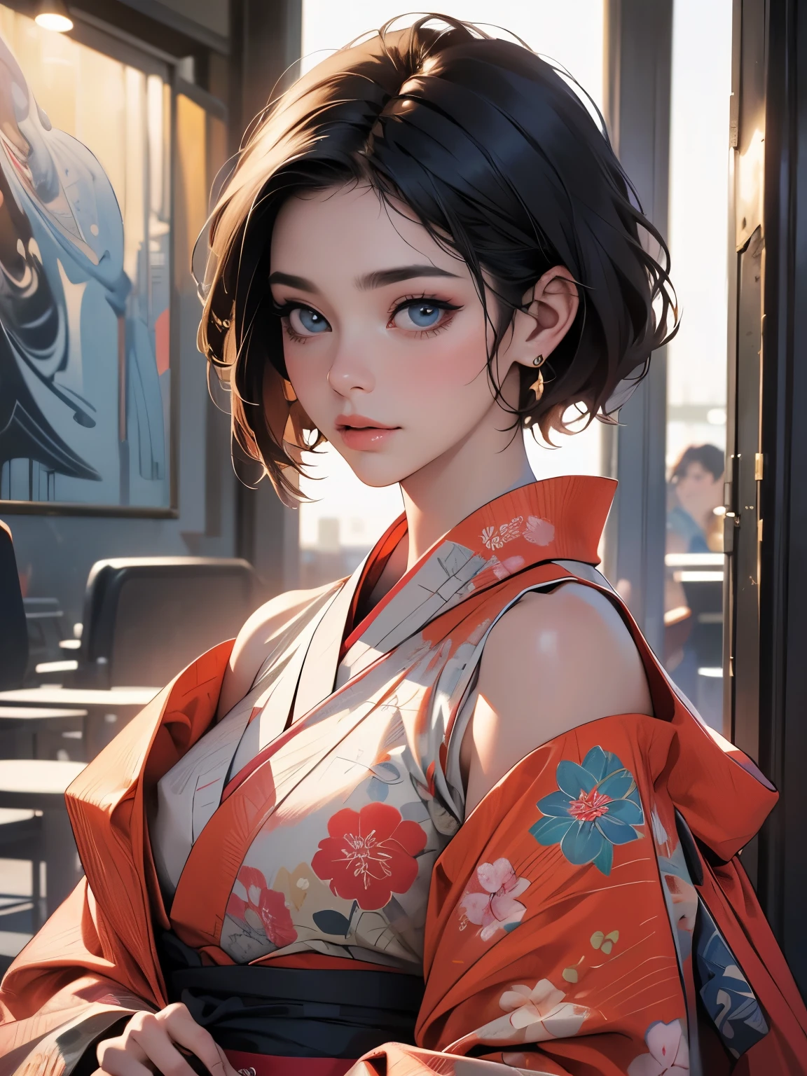 Half-body picture,8ก, better quality, work of art, Ultra high resolution, (realism: 1.4), original photo, (Realistic skin texture: 1.3), (Film texture: 1.3), (Selfie corner), 1 woman, Beautiful eyes and facial details, short hair,In a kimono, charming, big chest, open shoulders,openly,work of art, better quality, looking at the audience