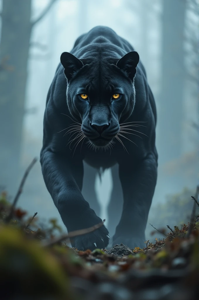 A panther that has depth in its gaze, in a foggy environment, waiting to attack, big muscles 