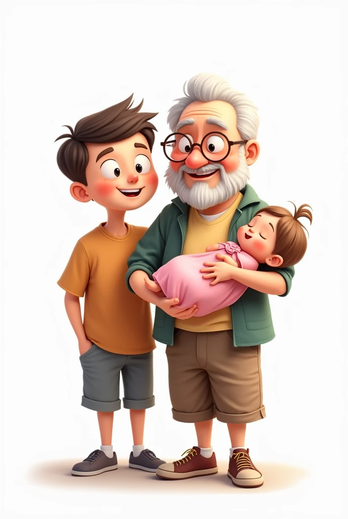 Cartoon young grandfather without beard with short hair, with teenage male grandson and  female granddaughter in pink dress on a white background 