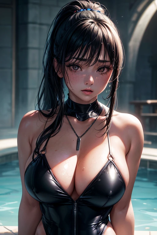 Kaori, Single model, solo, half Asian, half Latino, very long straight black hair, high ponytail, freckles, blushing, wet eyes, long chain pendant, very large heavy breasts, chubby, belly, stretchmarks, (best quality,4k,8k,highres,masterpiece:1.2),ultra-detailed,(realistic,photorealistic,photo-realistic:1.37),detailed portrait, cinematic lighting, natural skin texture, intricate details, dramatic colors, moody atmosphere, heavy eye shadow, mascara, one-piece tartan swimsuit, pvc stickings