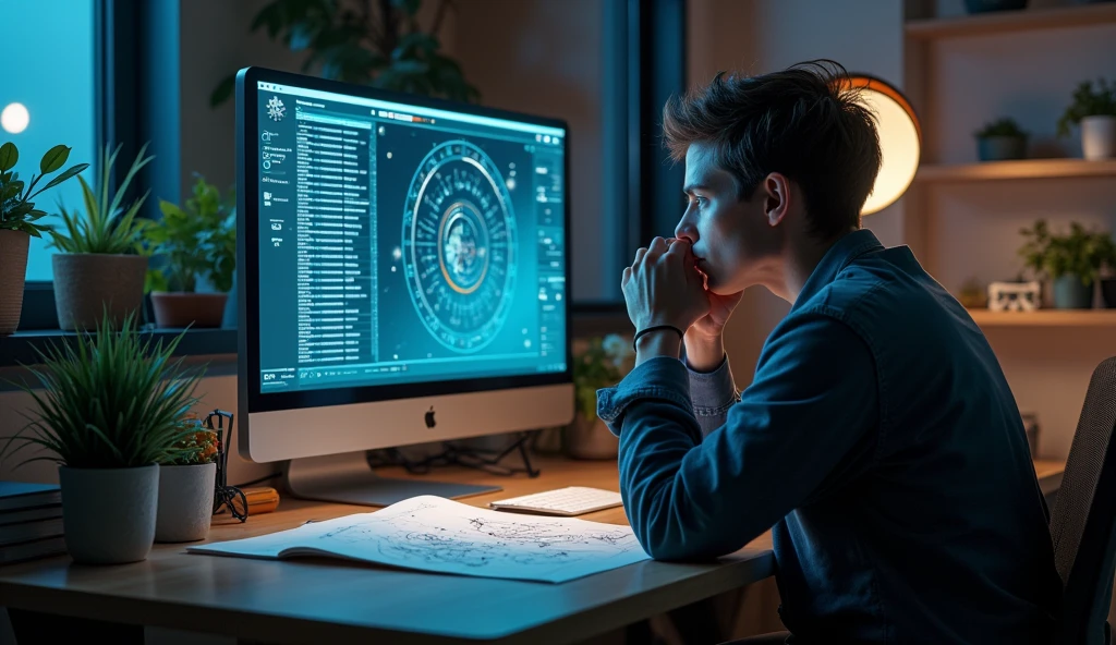 An individual at a desk with an astrological chart and a computer screen showing futuristic technology. The atmosphere is contemplative and forward-looking, with a blend of traditional astrology and modern tools. --ar 16:9