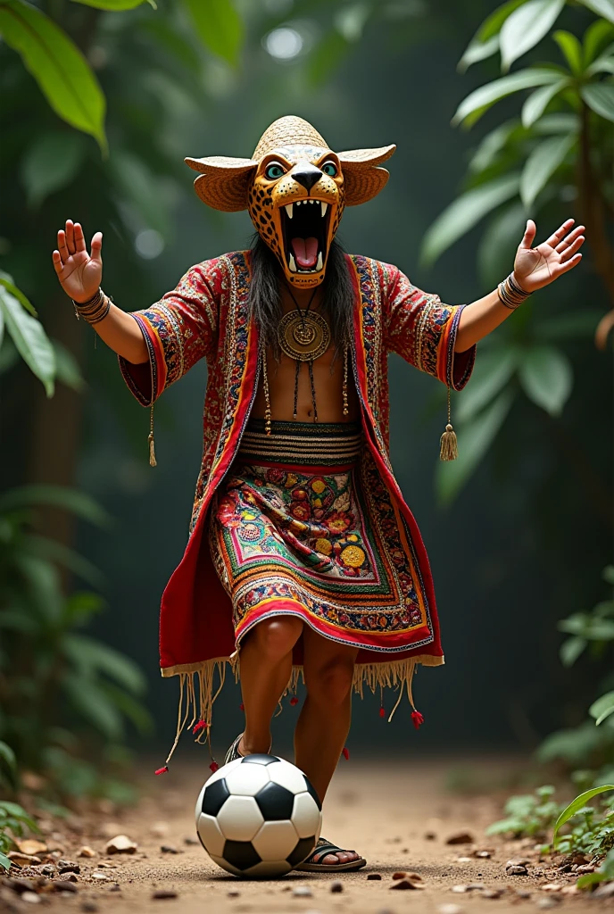 PERSON DRESSED IN HISTLE DE MECATE CLOTHES DANCING WEARING A JAGUAR MASK WITH HIS MOUTH OPEN AND ARMS OPEN HUGGING A SOCCER BALL