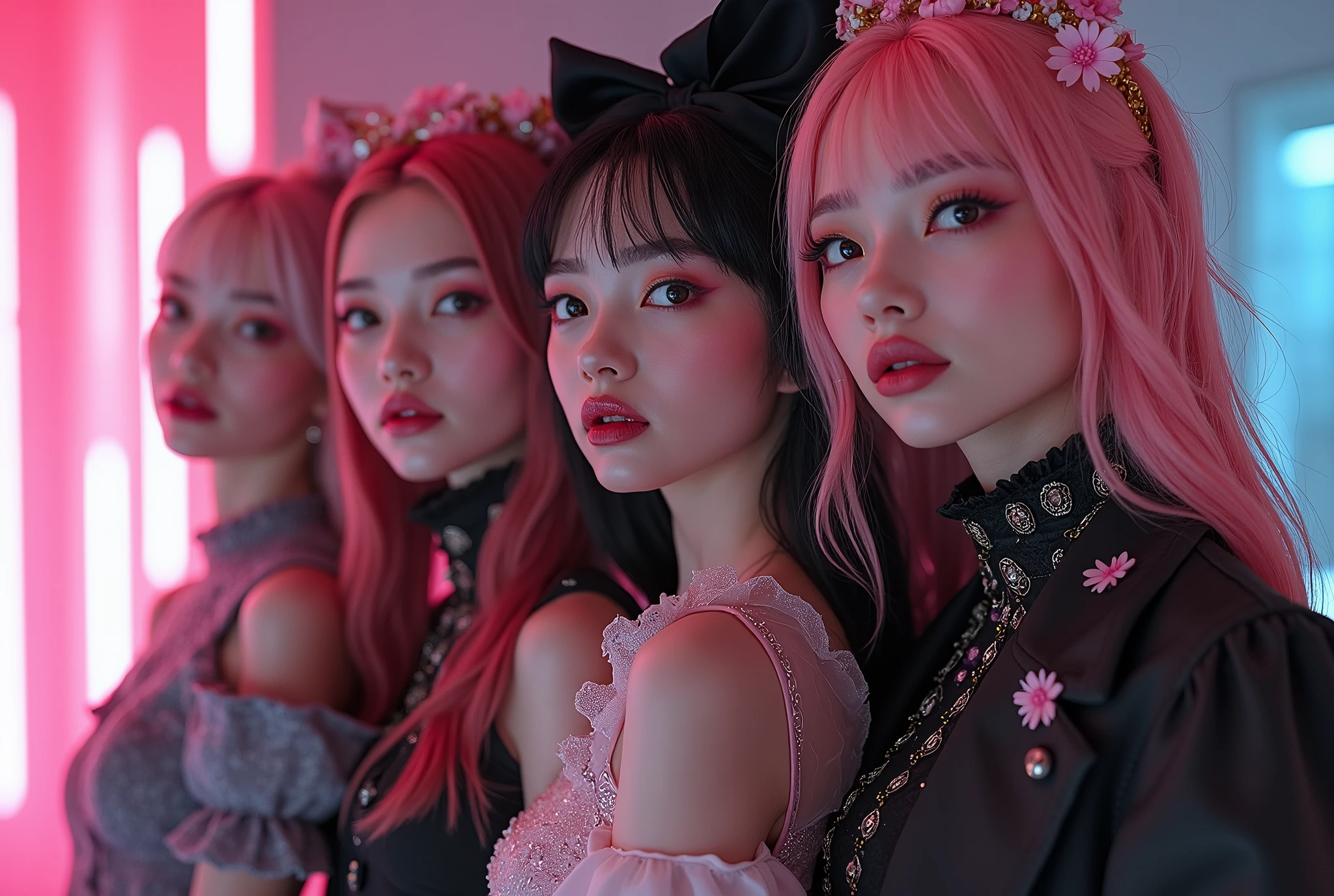 20s girls, ultra-realistic photography, wide angle, a treasure trove of artistic sense, gothic fashion, pastel color: 0.6, surrealism: 1.1, high contrast, high quality, high resolution 32k, super detailed, wallpaper, captivating and attractive outfit, sex apl.