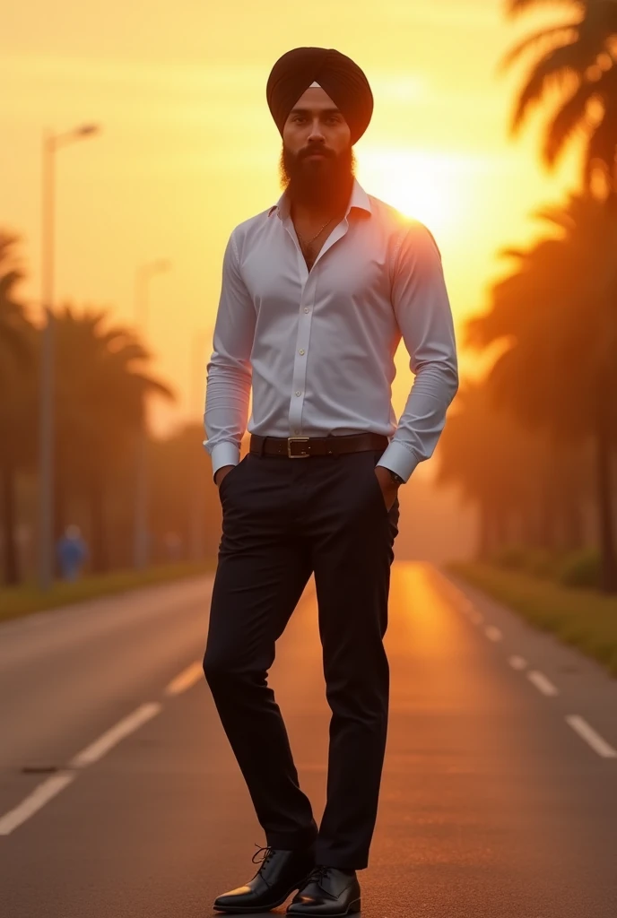 A sardar man with stylish 1 mm beard , wearing black turban , white shirt and boot cut trousers , chalsea shoes standing in sunset