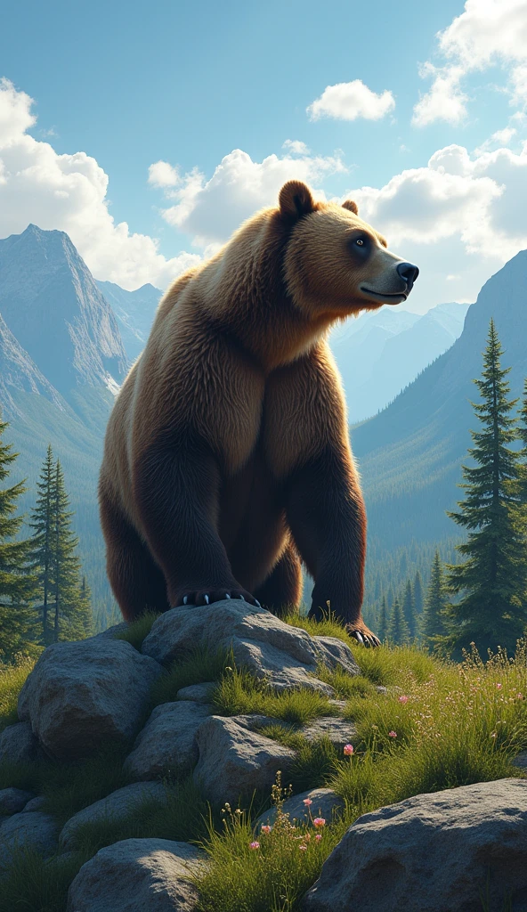 Ultrarealistic 8k Image, "A lone Grizzly Bear on top of a green hill, watching the horizon. Ao redor dele, a vast expanse of forest and mountains, Under a clear blue sky. He is serene and powerful, symbolizing self-sufficiency and self-knowledge. The image conveys peace and the strength that comes from solitude.."