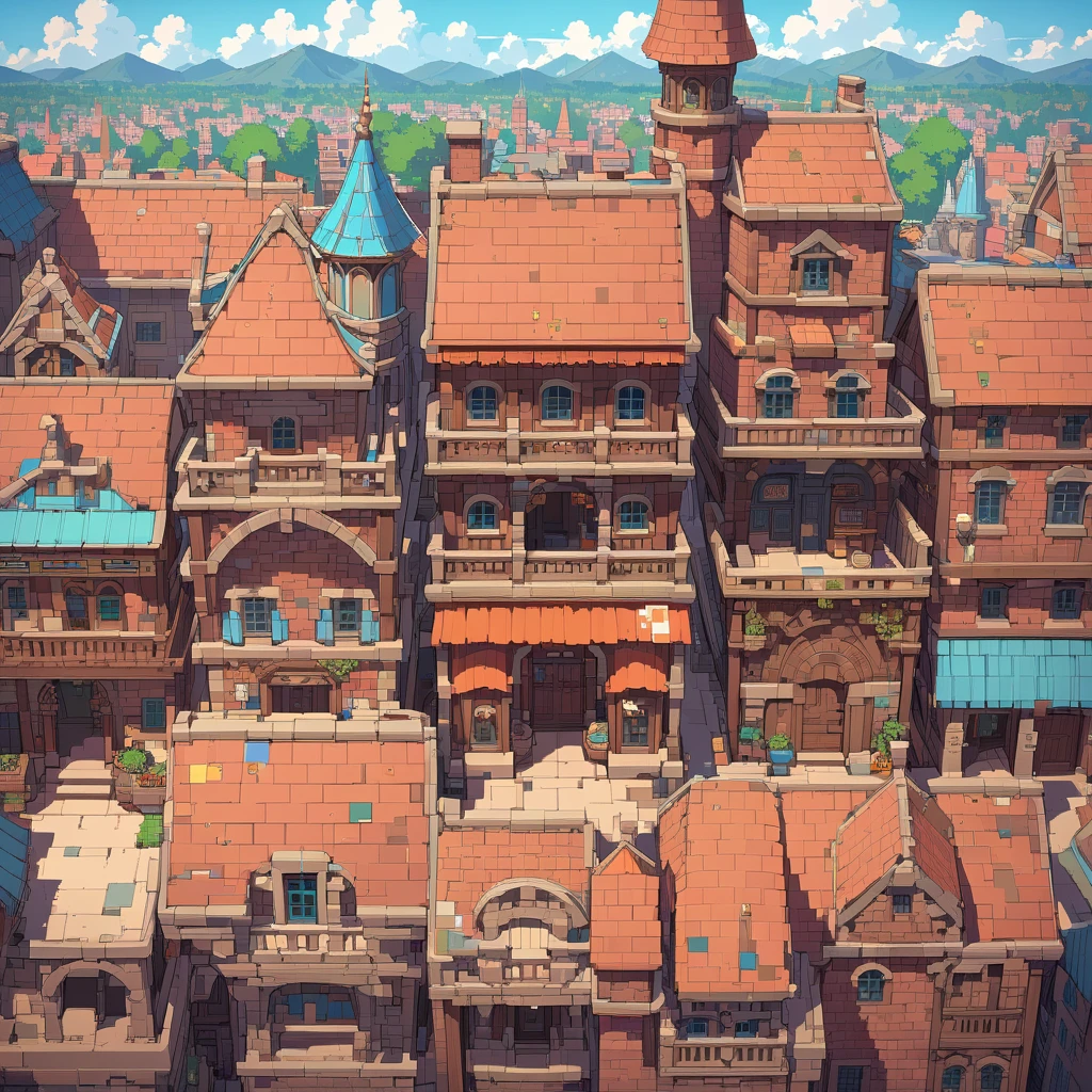 Retro video game style, pixelated, vibrant colors, 8-bit architecture, blocky shapes, sharp lines, detailed shading, classic gaming vibe, nostalgic atmosphere, reminiscent of classic arcade games. Masterpiece:1.2, ultra-detailed, illustration style. 2D texture, stone and brick textures, 4K seamless patterns, video game textures, urban and rural building textures, dirt and wood textures. Game tiles, roofs, 3/4th perspective windows, doors, and walls, 3/4th perspective tileable building facades, tileable rooftops, detailed chimneys, and ornate structures. Very detailed brick and stonework, intricate architectural details.

Building Design: Diverse structures including houses, shops, and towers with various elevations and roof styles.

Texture Detail: High resolution with intricate details like brickwork, wooden planks, and weathered surfaces.

Seamless Pattern: Ensure that the edges of the tiles seamlessly align with adjacent tiles to create a continuous and coherent townscape when repeated.