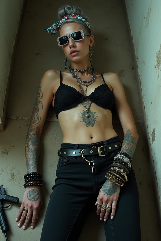 russian milf woman, grey hair (bouffant, top bun) and oversized square sunglasses and wide colourful bandana as headband, with very light green eyes, extremely pale. Big lips. Black lace push up bra, silicone breast,, black skinny leggings. Flip flops. Lots of thick wide studded bracelets, chain collars and big rings,. Additional crossed loose belts,. Long earrings with chains and feathers. Sleeping on the ground with legs apart, jerked position. Neck, chest, stomach and wrists heavily tattoed. Toned abdominals, thin neck, slim legs and thin arms. Narrow hips and long legs. Exhausted, sleeping with mouth open and tilted face.. Seen from above. Uzi Pistol on the ground, next to her. Corridor with dirty floor