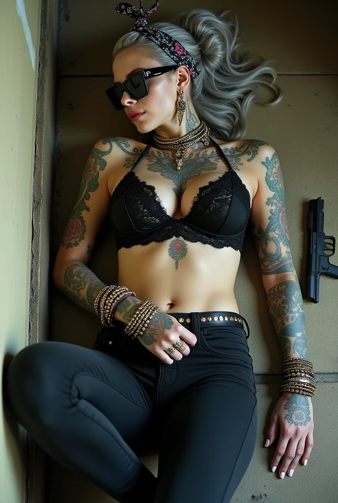 russian milf woman,  grey hair (bouffant, top bun) and oversized square sunglasses and wide  colourful bandana as headband, with very light green eyes, extremely pale. Big lips.  Black lace push up bra, silicone breast,, black skinny leggings.  Flip flops. Lots of thick wide studded bracelets, chain collars and big rings,. Additional crossed loose belts,. Long earrings with chains and feathers. Sleeping  on the ground with legs apart, jerked position. Neck, chest, stomach and wrists heavily tattoed. Toned abdominals, thin neck, slim legs and thin arms. Narrow hips and long legs. Exhausted, sleeping with mouth open and tilted face.. Seen from above. Uzi Pistol on the ground, next to her. Corridor with dirty floor