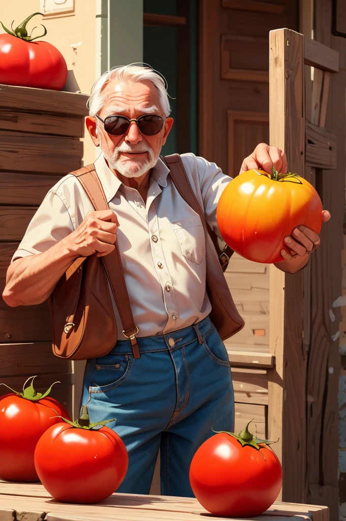 An old man wearing sunglasses crushes a tomato。