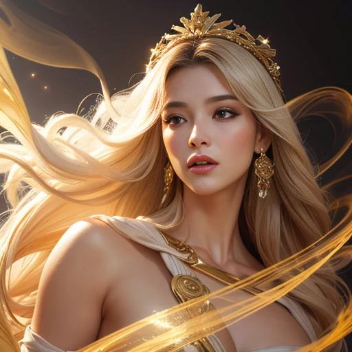a digital portrait painting of a beautiful Greek goddess in white robe dress and smoke gold floats around, a hyperrealistic painting, figurative art, in gold paint, gold smoke, character is floats around in smoke, fantasy art ,elegance pose, cowboy [[closeup]] shot, lighting clear and soft effect , white background