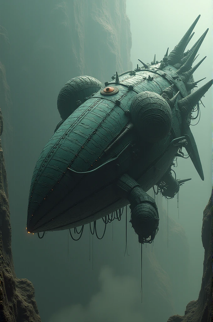 "A dark, biomechanical spaceship floating with a weird and irresistible shape, inspired by surreal, organic designs of HR GIGER. The spacecraft has an eerie, alien appearance with intricate, sinewy forms, tubes, and mechanical structures that seem almost alive. Its surface is smooth yet segmented, featuring patterns that resemble skeletal structures and dark metallic colors. The background is a dystopian planet, enhancing the ominous and