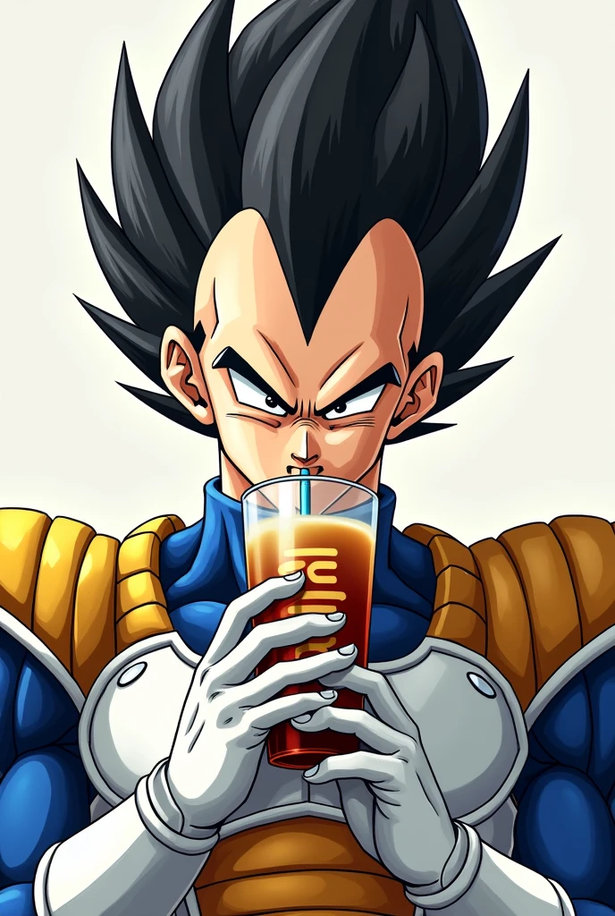 Create an image of Vegeta drinking juice from a glass that says jaruchas 