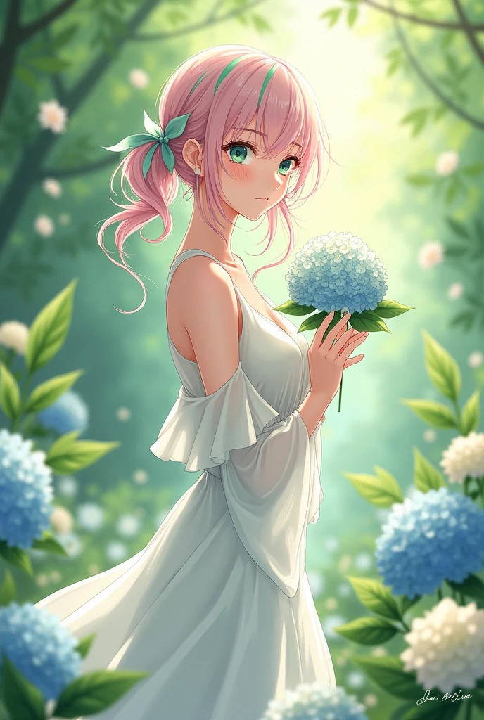 Anime girl healer nature, light pink hair with light green highlights wearing a white flowy dress holding a hydrangea