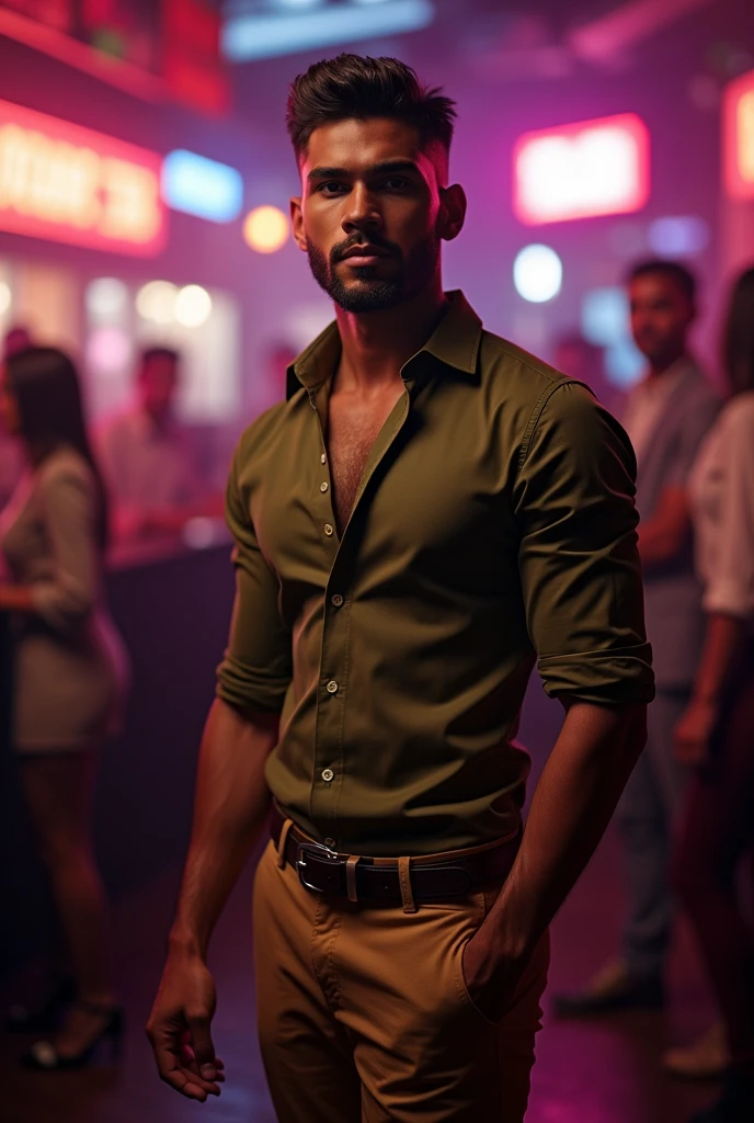 A 2 brown skinny guy in club wearing lapel style half sleeves olive colour shirt in and the chino style pants
