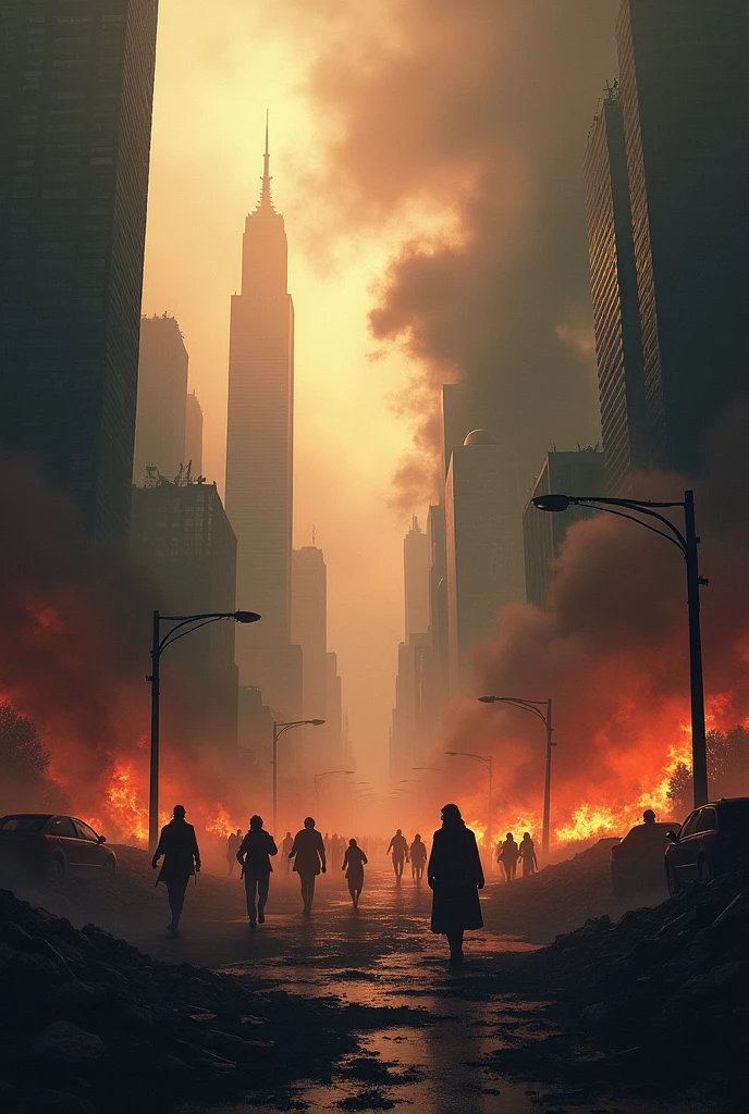 Apocalyptic scene, city on chaos, fire, smoke, almost symmetrical