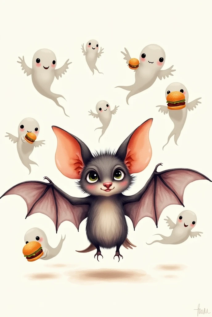 A drawn watercolor bat with big, round eyes .In the background little ghosts fly with a hamburger in their hand