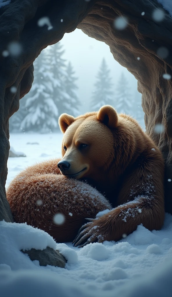 Ultrarealistic 8k Image, "A Grizzly Bear in a Cozy Cave, hibernating peacefully. Your eyes are closed, breathing calmly, in a serene and protected environment. The outdoor scene shows snow falling gently, indicating that he is waiting for the right moment to awaken. The scene conveys a sense of patience and renewed energy.."