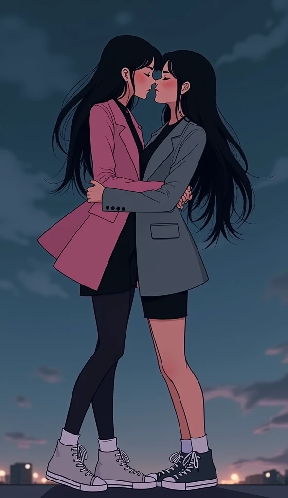 Two young womens, long black hairs, yuri, lesbian
The first young women black eyes wear a pink coat, black shirt, black pencil skirt, black underpants, black tights, white socks, white sneakers high top.
The second young women black eyes wore a grey coat, black shirt, black pencil skirt, black underpants, black tights, white socks, white sneakers high top.
french kiss, lesbian kiss, kissing, hugging, closed eyes, black grey sky, night sky, cartoon novel, 4K, HD