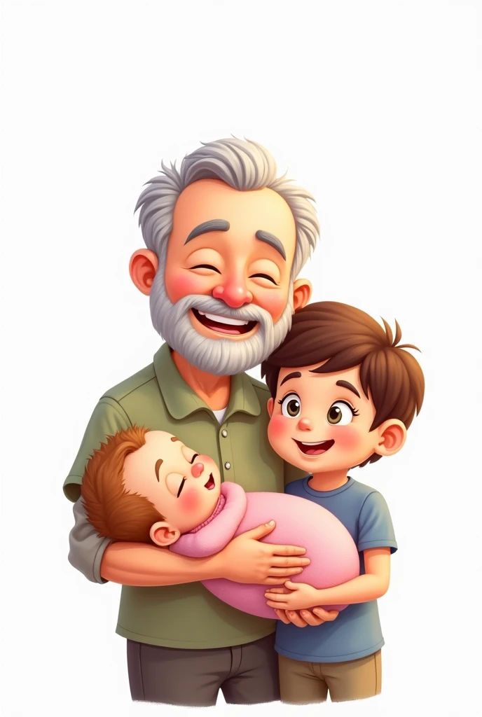 Cartoon young grandfather without beard and without mustache with short brown hair, with teenage male grandson and newborn female granddaughter in pink dress on a white background 