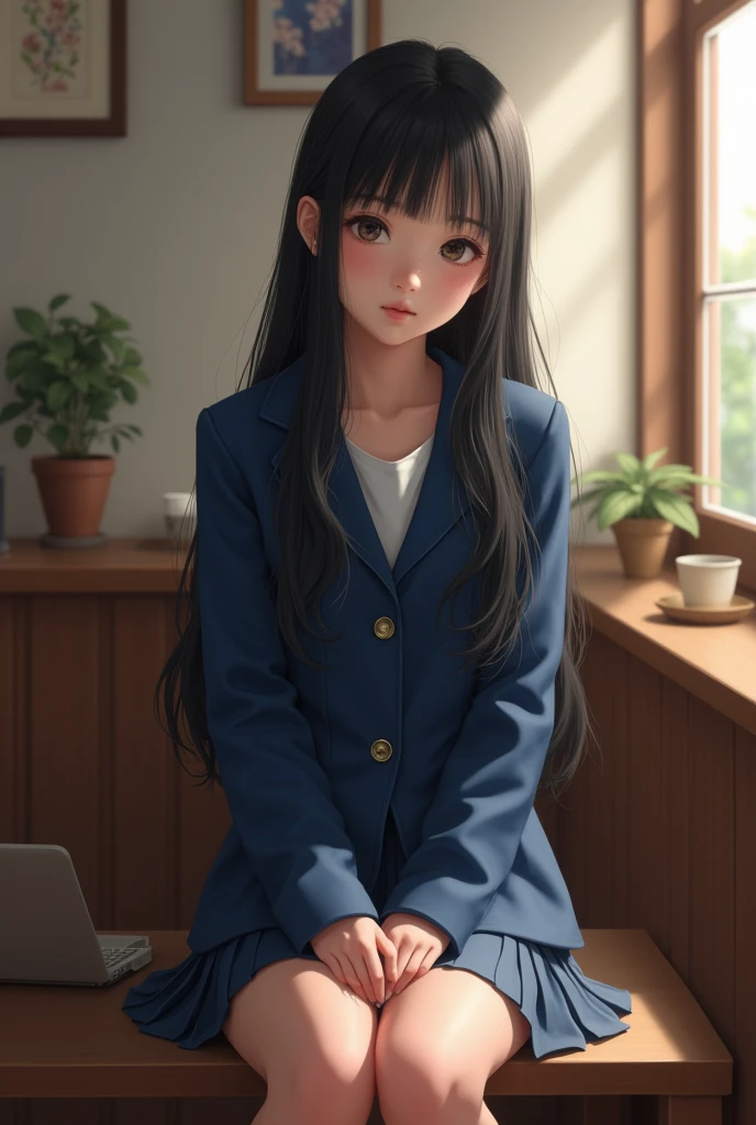 2000 long haired Asian girl in a realistic blue school uniform sitting on a bench in a small room