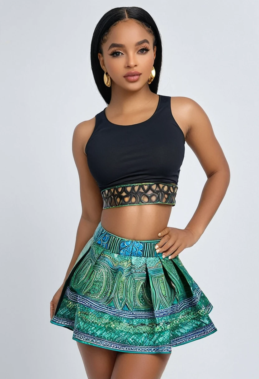 (best high quality:1.5), obra de arte, (8k), extremely detailed, (High details:1.4), Solo, Angolan female, (crop top, micro-skirt),