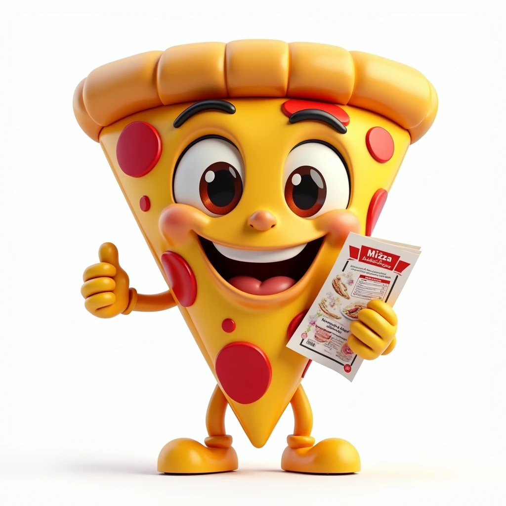 httCreate a hyper-realistic image of a mascot named WillPizza, shaped like a pizza slice, (((in focus))), shown from a front-facing view. WillPizza should have a golden and slightly crispy crust, with melted cheese and toppings visible, capturing the realistic details of a freshly baked slice. Ensure WillPizza has a friendly and approachable expression, possibly with cartoonish eyes and a smile. In one hand, WillPizza should be holding a flyer or brochure, adding a touch of personality to the character. (((in focus))), The background must be completely white, resembling a studio setting or transparent, with no distractions or additional elements. The entire WillPizza mascot, including the flyer, should be fully visible, with no parts cut off. Use soft, flattering lighting to highlight the texture and colors of the pizza and the flyer, emphasizing their appearance. The image must be ultra-realistic, crystal clear, 8K UHD, with fine details and a polished, high-quality finish. Ensure the entire image is extremely sharp and in perfect focus, with absolutely no blurriness or softness. All details should be perfectly clear and defined, with absolute focus across the entire image. Use the lens at full aperture to achieve maximum sharpness and clarity (((in focus)))
