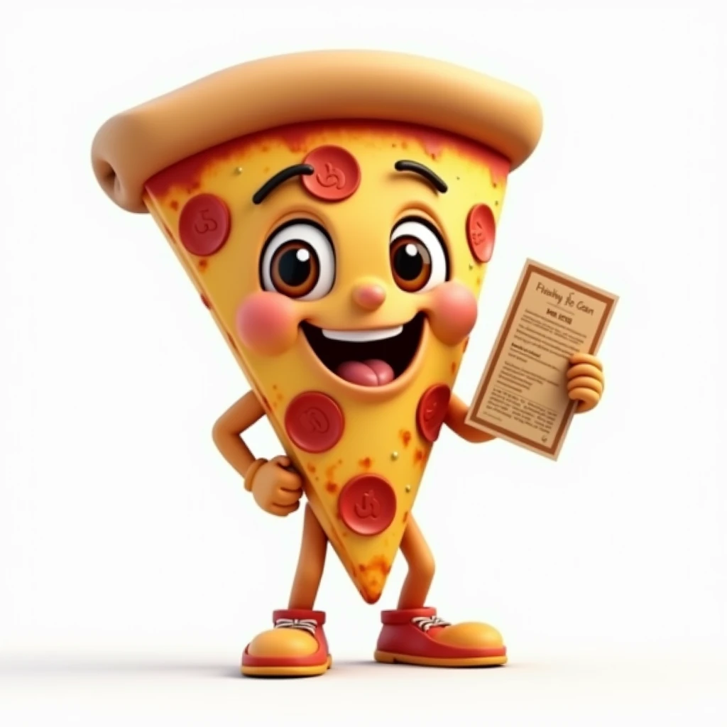 httCreate a hyper-realistic image of a mascot named WillPizza, shaped like a pizza slice, (((in focus))), shown from a front-facing view. WillPizza should have a golden and slightly crispy crust, with melted cheese and toppings visible, capturing the realistic details of a freshly baked slice. Ensure WillPizza has a friendly and approachable expression, possibly with cartoonish eyes and a smile. In one hand, WillPizza should be holding a flyer or brochure, adding a touch of personality to the character. (((in focus))), The background must be completely white, resembling a studio setting or transparent, with no distractions or additional elements. The entire WillPizza mascot, including the flyer, should be fully visible, with no parts cut off. Use soft, flattering lighting to highlight the texture and colors of the pizza and the flyer, emphasizing their appearance. The image must be ultra-realistic, crystal clear, 8K UHD, with fine details and a polished, high-quality finish. Ensure the entire image is extremely sharp and in perfect focus, with absolutely no blurriness or softness. All details should be perfectly clear and defined, with absolute focus across the entire image. Use the lens at full aperture to achieve maximum sharpness and clarity (((in focus)))
