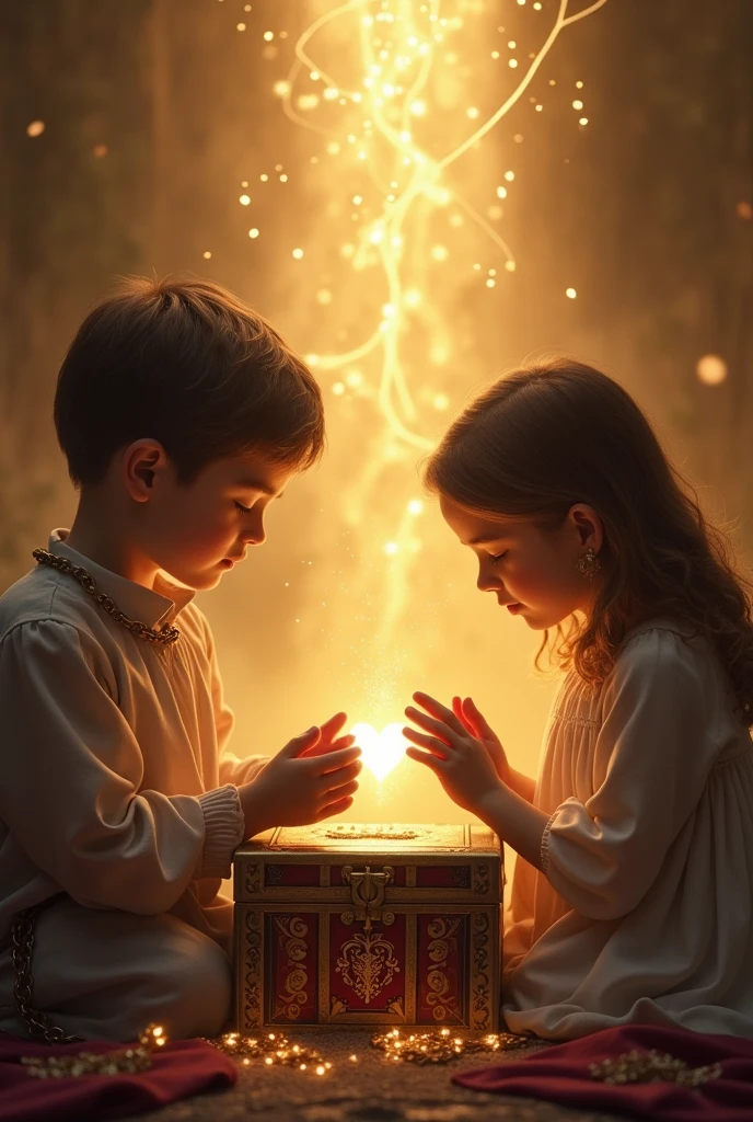 Two children praying around a treasure chest with a human heart of light inside, trapped by chains inside the chest in a brightly lit environment. Realistic photo.
