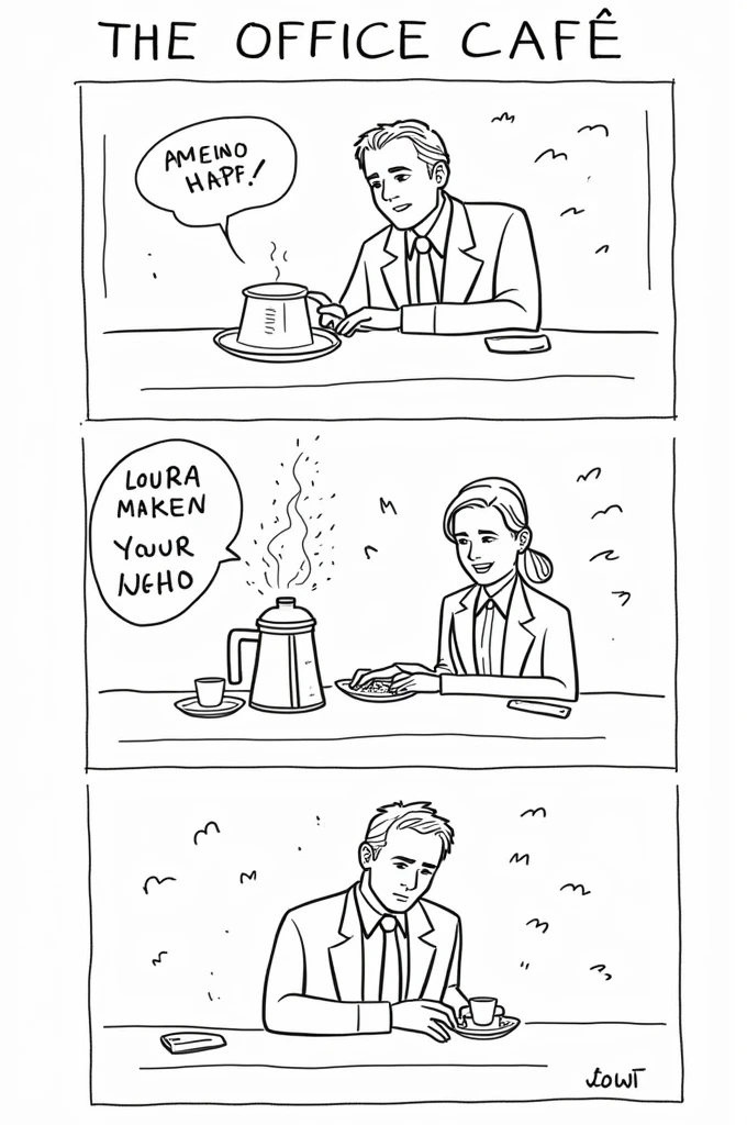 Make about six funny cartoons from the following story ### Title: **"The Office Cafe"**

---

**Page 1:**

**Panel 1:**  
(a man in a suit, called **Carlos**, enters the office kitchen. He looks tired. There is a coffee maker on the table, with the coffee level almost at the bottom).  
**Carlos**: (Thinking) I need a coffee to survive this morning...

**Panel 2:**  
(Carlos grabs the coffee pot and tilts it, trying to fill his cup, but only a few drops come out).  
**Carlos**: Again! Who leaves only a couple of drops?

**Panel 3:**  
(Carlos looks around, making sure no one sees it. He decides to refill the coffee pot himself).  
**Carlos**: (sighing) There is no other option...

---

**Page 2:**

**Panel 1:**  
(Carlos prepares the coffee. You can see how it measures the spoonfuls of coffee and starts filling the water tank.).  
**Carlos**: (Thinking) This is not so difficult. Why can&#39;t anyone else do it??

**Panel 2:**  
(The coffee maker starts bubbling and making strange noises).  
**Carlos**: “Huh?”? What&#39;s wrong with this thing??

**Panel 3:**  
(The coffee maker explodes, Throwing coffee everywhere. Carlos is soaked).  
**Carlos**: What the hell?!

---

**Page 3:**

**Panel 1:**  
(goes into **LAURA**, a coworker, with a smile on the face. Look at Carlos, that is soaked in coffee).  
**LAURA**: Have you tried making coffee?, Carlos?

**Panel 2:**  
(Carlos, annoyed but trying to keep his composure).  
**Carlos**: I may have made a small mistake...

**Panel 3:**  
(LAURA se ríe mientras toma la taza de Carlos y le sirve el café que ella trae en un termo).  
**LAURA**: Here, I share mine with you. Better let someone else handle the coffee maker., want?

---

**Page 4:**

**Panel 1:**  
(Carlos toma un sorbo del café que le dio LAURA. He looks a little more relaxed).  
**Carlos**: Maybe we should do an office coffee class...

**Panel 2:**  
(LAURA le da una palmada en la espalda a Carlos mientras ambos salen de la cocina).  
**LAURA**