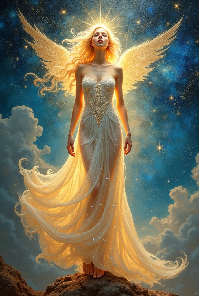 In a vivid and mesmerizing oil painting, Tomelee masterfully blends the styles of Norman Rockwell, Jeremy Mann, John William Waterhouse, Luis Royo, Van Gogh, Boris Vallejo, and Banksy. The primary protagonist is a celestial woman, her form composed of divine essence, standing majestically in a dreamlike, mythical landscape. Her glowing figure emits an otherworldly light, with shimmering colors of gold, silver, and iridescent blues and purples that blend and shift, enhancing her ethereal presence. Her hair flows like liquid starlight, cascading around her in waves of luminescence, and her eyes glow with the intensity of distant galaxies. She wears a flowing, translucent gown adorned with intricate patterns resembling constellations and cosmic symbols, which moves as if