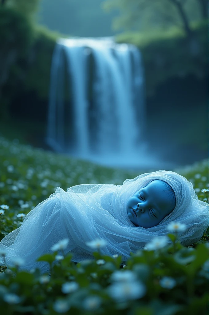 A covered in white cloth, the skin of the babyblue, he's lying down on a grass field, his backgroud is of a waterfall. Volumetric lighting.