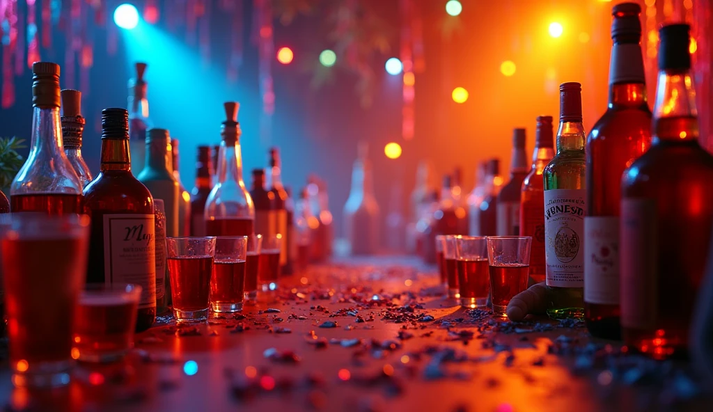 An invitation to my birthday party on Saturday, September 7th. That says you have to bring alcohol. Let the photo have bottles, Shots with alcohol and a nice atmosphere. Let the photo have the invitation written in Spanish. It's for an instagram story. Let the atmosphere be festive.