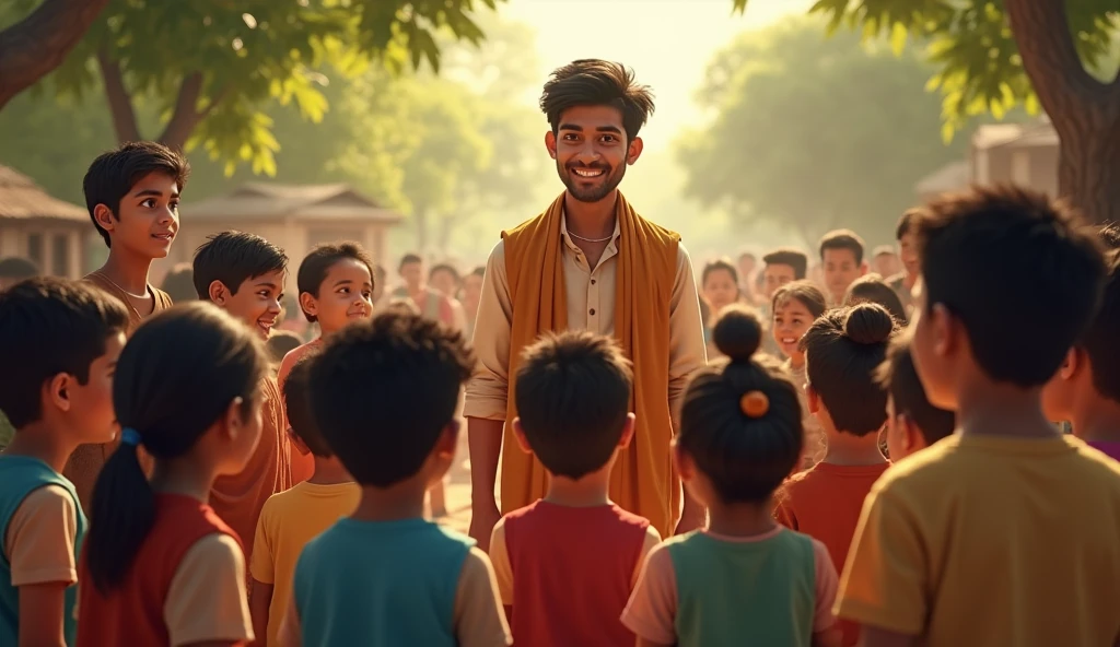 Traditional young indian man with beard playing with kids