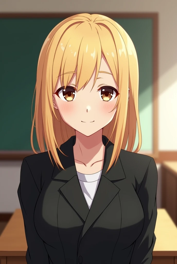 female, blonde hair, straight hair, shoulderlength hair, brown eyes, small, black uniform, smile, classroom background, mature, adult, anime, jjk,
