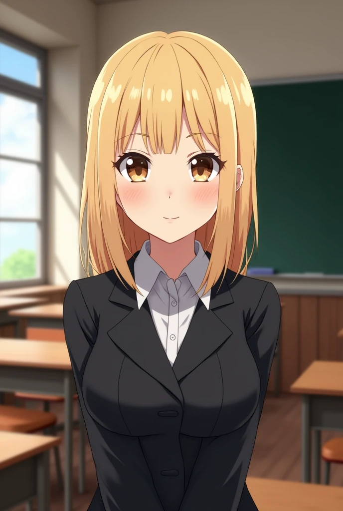 female, blonde hair, straight hair, shoulderlength hair, brown eyes, small, black uniform, smile, classroom background, mature, adult, anime, jjk,