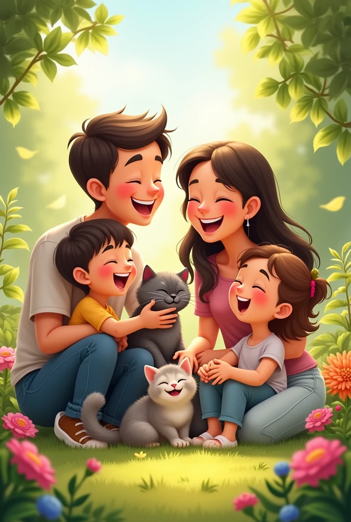 A joyful scene in the garden with the child’s family, the gray chubby cat, and the kitten all playing together, laughter and smiles all around.
