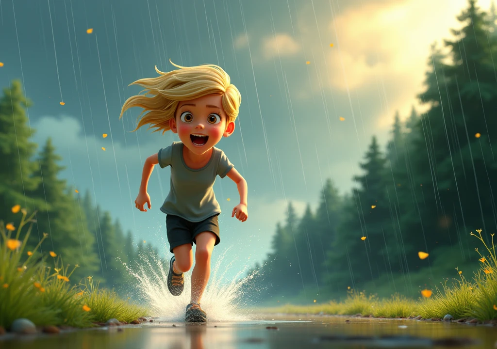 A blonde teenager with light brown eyes wearing a short gray blouse and black pants running from some rain splashes, in the background of the image there are some forests on the right side and a large amount of clouds covering the sky, Disney Pixar style