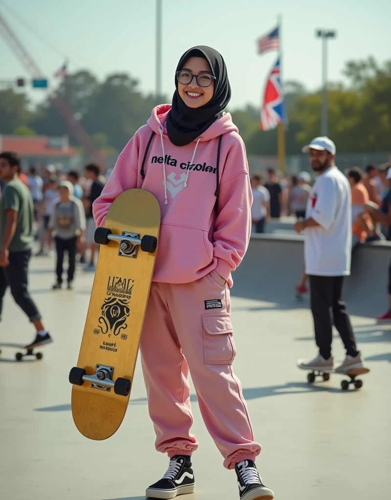 Real photo. young Indonesian woman smiling face. wearing glasses. wearing the hijab syari. wearing a hoodie pink that says "NELTA CIABENK" jogger pants. Vans sneakers, holding a skateboard made of gold behind which says "10K FOLLOWERS" the atmosphere of an American skate board ride. many skaters are playing. realistic photopgraphy, hyper realistic