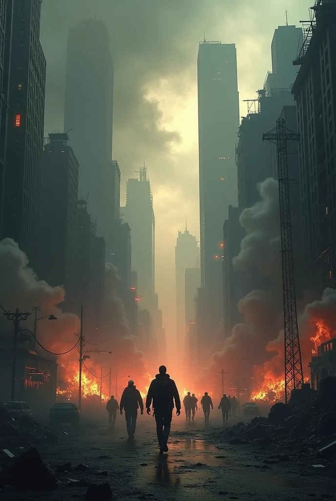 Apocalyptic scene, city on chaos, fire, smoke, almost symmetrical
