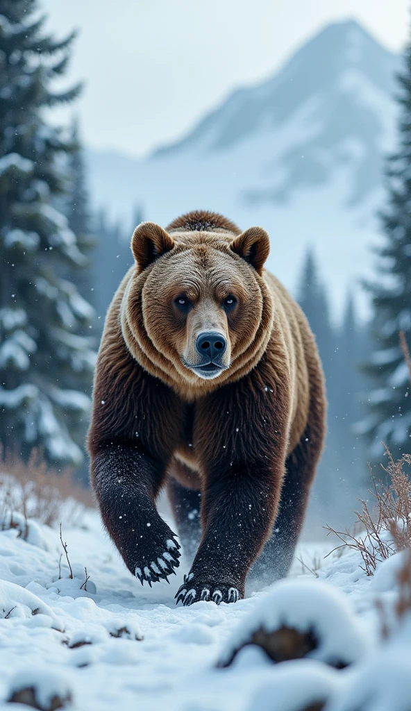 Ultrarealistic 8k Image, "An imposing Grizzly Bear walking through a dense, snow-covered forest, with its thick fur protecting it from the harsh winter cold. He advances with firm and determined steps, Despite the storm. Ao fundo, icy mountains and tall trees, representing the challenges of life. The bear&#39;s expression is calm, transmitting strength and resilience."