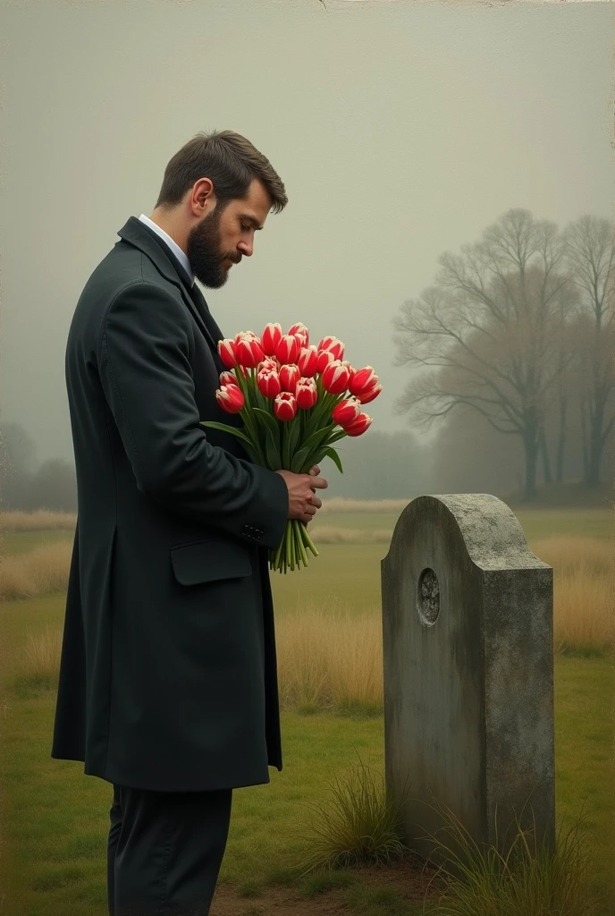 oil painting of a man holding a bouquet of tulips at a grave