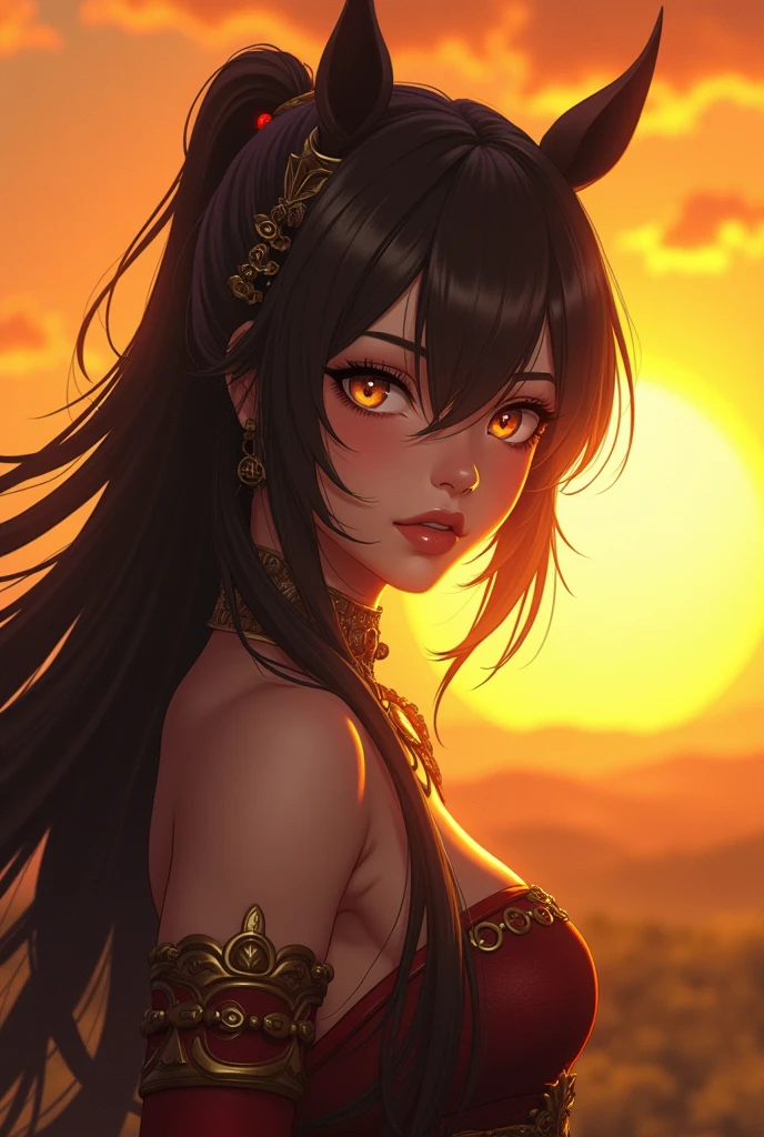 realistic 2D anime warrior women, 1girl, 1horse, detailed face, beautiful detailed eyes, beautiful detailed lips, hyperrealistic, extremely detailed, intricate details, epic scale, dramatic lighting, massive yellow sunset, beautiful landscape, fantasy, cinematic, dramatic