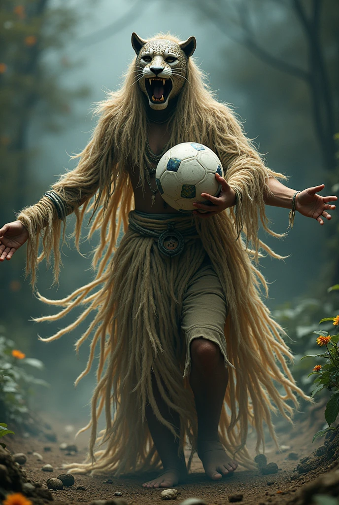 PERSON DRESSED IN HISTLE CLOTHING WITH FEATHER-LIKE ROPE DANCING WEARING A JAGUAR MASK WITH HIS MOUTH OPEN AND ARMS OPEN HUGGING A SOCCER BALL 