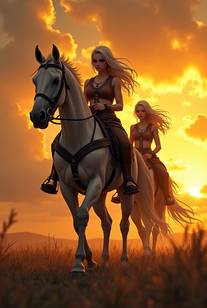 2 warrior women walking behind a horse, detailed anime style, beautiful detailed eyes, beautiful detailed lips, extremely detailed face, flowing hair, dramatic pose, epic yellow sunset landscape, detailed clouds, dramatic lighting, intricate background details, (best quality,4k,8k,highres,masterpiece:1.2),ultra-detailed,(realistic,photorealistic,photo-realistic:1.37),vibrant colors,dramatic lighting,cinematic composition,fantasy art