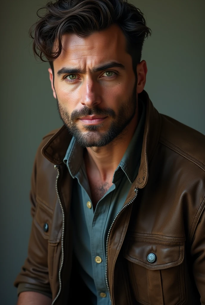 name: Liam Carter Age: 32 Appearance: Liam has a rugged charm with his dark brown hair that is usually slightly disheveled., giving him a fresh-out-of-bed look that matches his serious demeanor. Her striking green eyes are her most notable feature., often entering conversations with an intensity that reveals his contemplative nature. He has 1,80 m tall and a well-built physique, result of a dedicated exercise routine. He usually dresses in casual clothes., but refined — dark jeans, fitted shirts and a well-worn leather jacket.