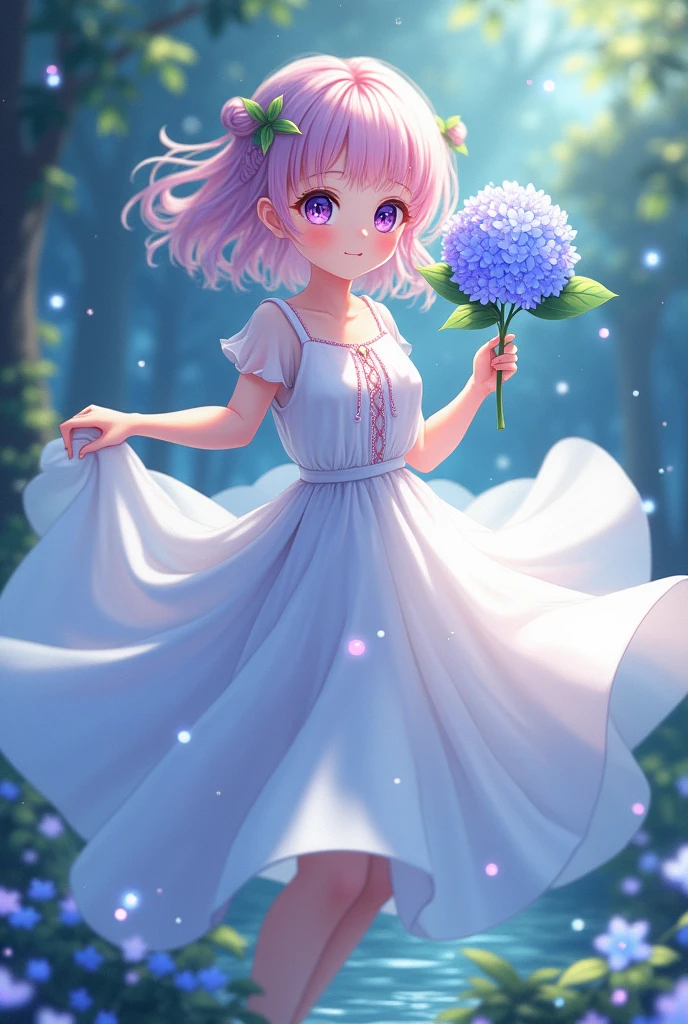 Anime girl purple eyes light pink hair with light green highlights wearing a white flowy dress holding a hydrangea spinning majesticly surrounded by fireflies