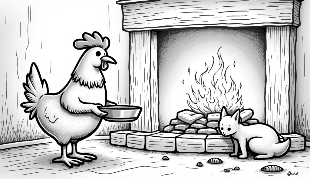 drawing of a fox and a chicken. The chicken must be cooking a nail soup and the fox must be making a fire, to a fireplace at night. The drawing must be and cannot be colored.. The chicken must look smart and the fox must look hungry and tired.. The image must be for coloring. remember if, The chicken is the one cooking.